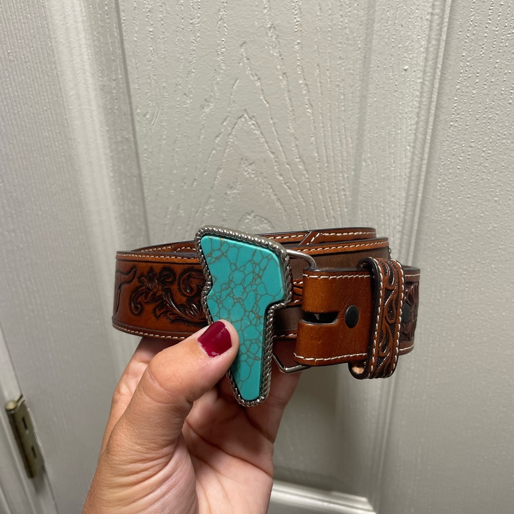 Brown Leather Belt with Turquoise Buckle